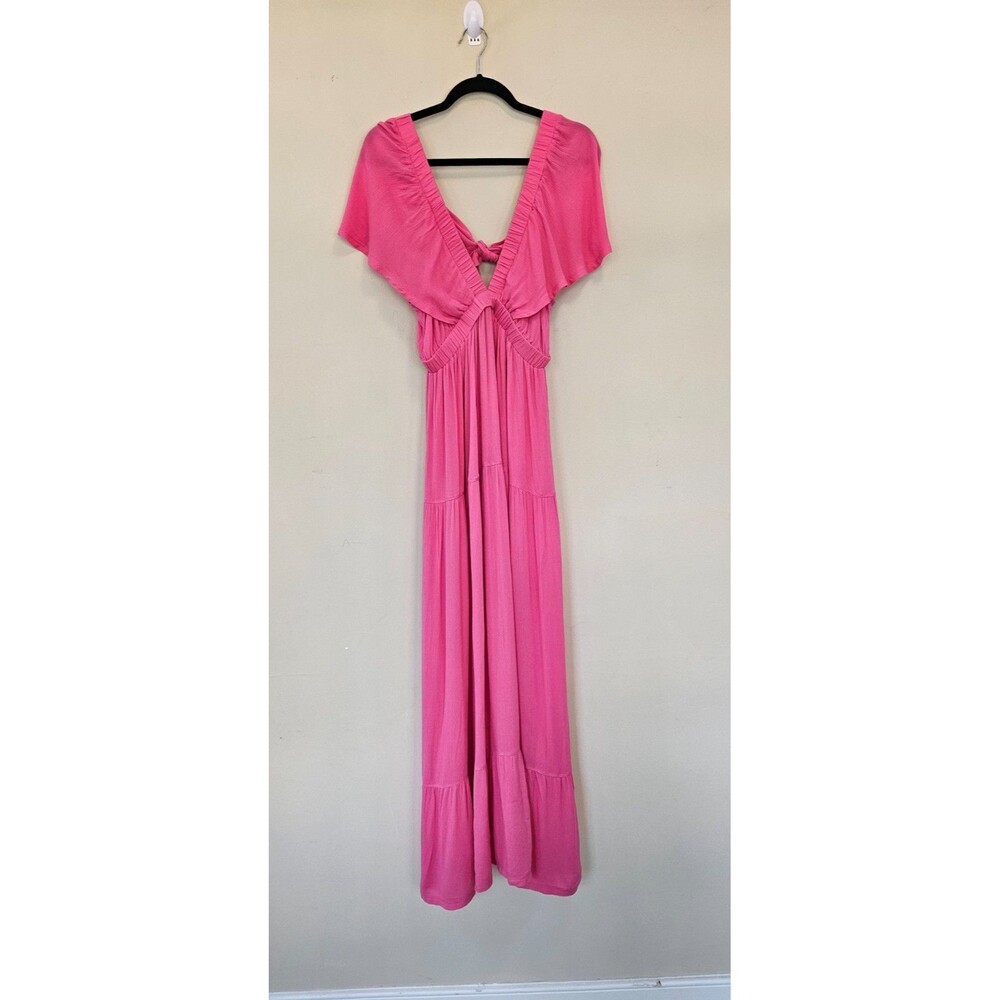 Ador Pink Maxi Dress Women Sz M Tiered Ties In Back Flutter Sleeves Babydoll
